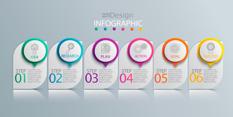 Paper infographic template with 6 options for presentation and data visualization. Business process chart. Diagram with six steps to success.For content, flowchart, workflow. Vector illustration