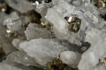 Macro mineral stone Galena, Sphalerite, Pyrite, Quartz on a black background