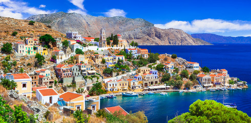 Traditional colorful Greece series - beautiful Symi island (near Rhodes) Dodecanese - obrazy, fototapety, plakaty