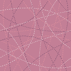 Abstract geometric repeat pattern with colorful hand drawn dashed lines on a violet background.