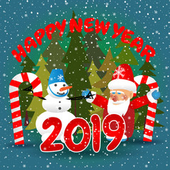 Happy New Year 2019 poster. Santa with green christmas trees.