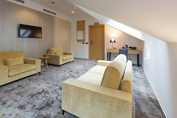 Interior of a hotel apartment loft bedroom