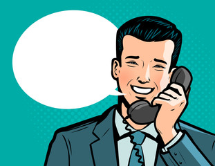 Businessman talking on the phone. Telephone conversation, call up concept. Vector illustration