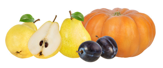 Collage of fresh autumn fruits and vegetable isolated on white background with clipping path