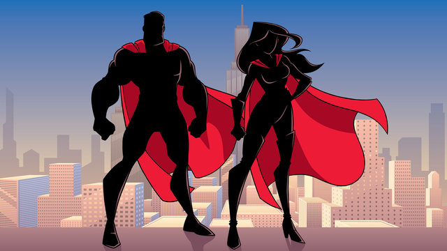 Illustration of silhouette superhero couple, standing tall on rooftop above city.