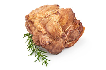 Smoked Ham boneless, close-up, isolated on white background. Meatworks boiled ham