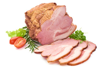 Traditionally smoked pork meat with slices, close-up, isolated on white background. Meatworks boiled ham