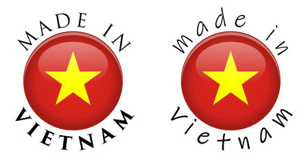Simple Made in Vietnam 3D button sign. Text around circle with Vietnamese flag. Decent and casual font version.