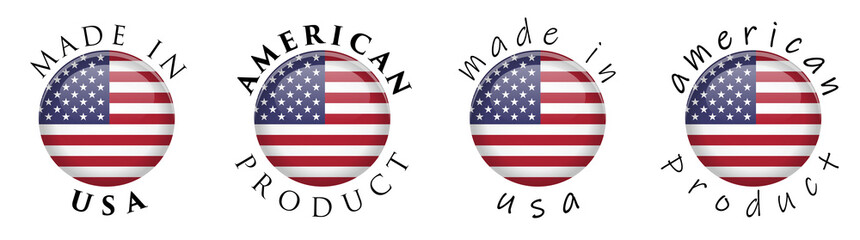 Simple Made in USA / American product 3D button sign. Text around circle with US flag. Decent and casual font version.