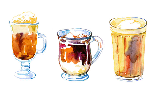 Coffee drinks watercolor set. Hand drawn sketch illustration with three glass mugs