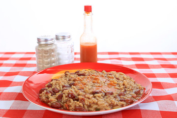 Spicy Cajun Meal Red Beans and Rice with Hot Sauce