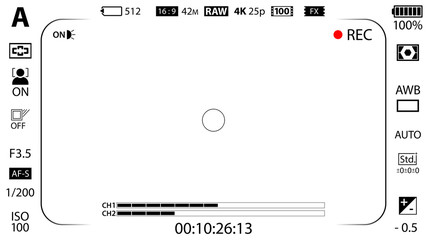 White modern digital camera focusing screen with settings template. Viewfinder mirrorless, DSLR or cameraphone camera recording. Vector illustration