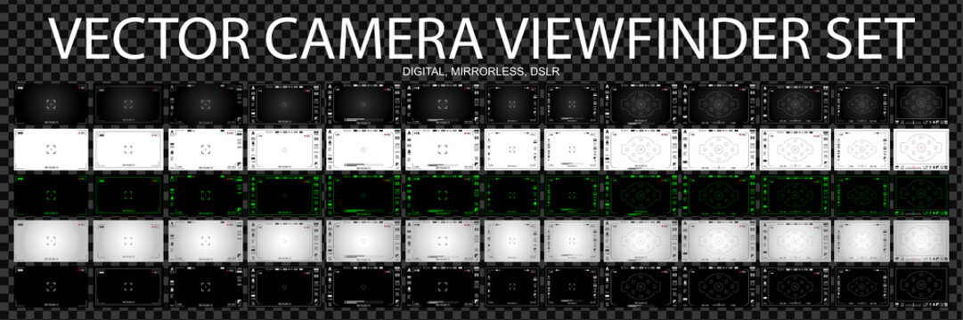 Camera focusing screen 65 in 1 pack - digital, mirorless, DSLR, cameraphone. White, black and green viewfinders camera recording. 4K ready detailed templates. Vector illustration
