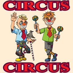Funny cartoon circus clowns. Cheerful joyful performance.