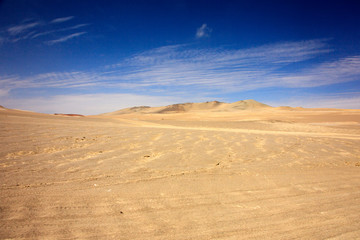 Fototapeta na wymiar The desert in Paracas in Peru. Yta sea and sand