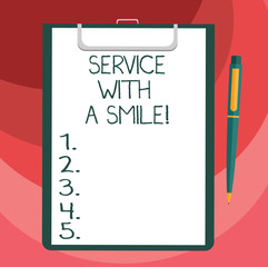 Text sign showing Service With A Smile. Conceptual photo Happiness in custom assistance Motivated support Blank Sheet of Bond Paper on Clipboard with Click Ballpoint Pen Text Space