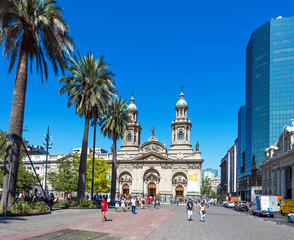 Fototapeta na wymiar SANTIAGO, CHILE - JANUARY 10, 2018: View of the cathedral. Copy space for text