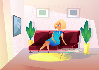 Business woman accountant resting on the couch and watching tv vector illustration. Living room interior