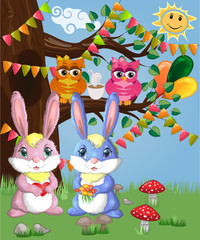 Obraz na płótnie Canvas Two cute bunny in a forest glade. Boy and girl, concept spring, love, postcard
