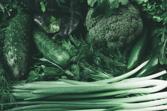 fresh green different vegetables. vegetables background
