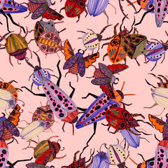Creative seamless pattern with colorful hand drawn beetles.