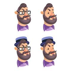 Set of vector bearded men faces hipsters with retro hat, eyeglass, haircuts, mustaches, beards. Silhouettes, avatars, heads, emblems, icons, labels