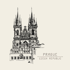 Fototapeta premium travel card with black sketch drawing of Church Our Lady before 