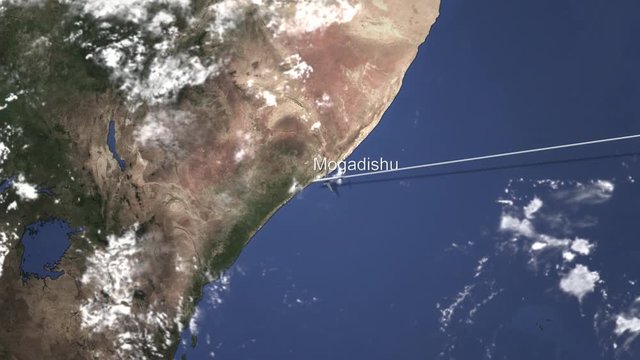 Commercial plane arrives to Mogadishu, Somalia, 3D animation