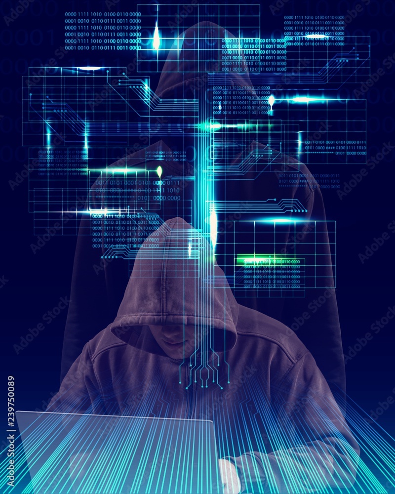 Poster cyber hacker in hoodie on icons background