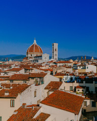 Fototapeta na wymiar Florence Cathedral and Giotto's Bell Tower under blue sky, over houses of the historical center of Florence, Italy