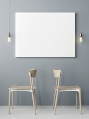 Mock up poster on the wall, chairs back to back composition, 3d render, 3d illustration