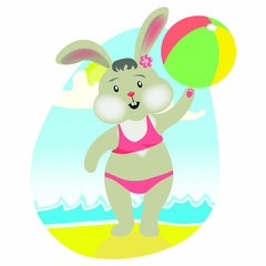 Rabbit playing with a ball on the beach. Stylized image, vector illustration