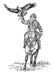Kazakh man in national costume riding a horse with an eagle. Vintage Engraved hand drawn monochrome sketch.