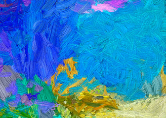 Fototapeta na wymiar Pretty oil painting abstraction. Print art for wall decor. Impressionism style spring collection. Chaotic conceptual brush strokes on canvas. Warm colors background for rich creative graphic design.