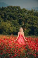 Beautiful woman enjoying nice day in poppy field, wearing pink dress, back view