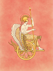 Ares, Mars, god of the war and warrior, armed with his feather helmet and spear sitting on a golden winged serpents chariot - Inspired on ancient classic greek pottery and ceramics red-figure drawings