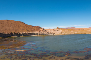 Fototapeta na wymiar Altiplano of Bolivia near Uyuni salt flats. Amazing lake nature landscape in South America