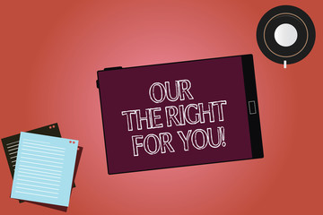 Text sign showing Our Service For You. Conceptual photo Offering professional customer assistance support Tablet Empty Screen Cup Saucer and Filler Sheets on Blank Color Background