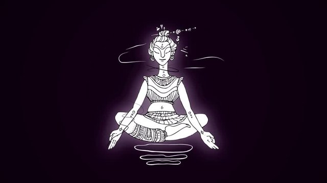 White animated picture of yogi on a dark purple background in the lotus position. Meditation and relax.