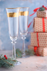 Two glass champagne glasses.Two beautiful glass champagne glasses on New Year's Eve.