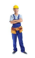 Electrician with tools wearing uniform on white background