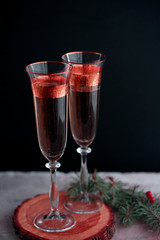 Two glass champagne glasses.Two beautiful glass champagne glasses on New Year's Eve.painted in the fashionable color of 2019