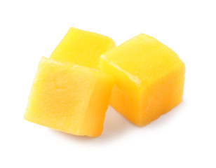 Fresh juicy mango cubes isolated on white © New Africa