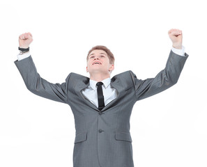 Very happy successful gesturing young business man