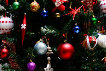 Image of different decorations on a Christmas tree