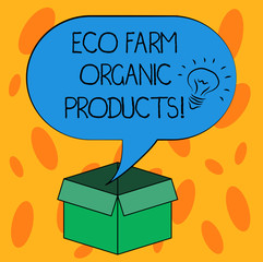 Fototapeta premium Writing note showing Eco Farm Organic Products. Business photo showcasing Natural healthy food fresh vegetables and fruits Idea icon Inside Blank Halftone Speech Bubble Over an Open Carton Box