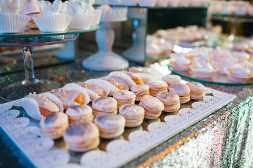 Delicious wedding reception candy bar dessert table full with cakes, sweets, macaroons, eclairs and other types of bakery