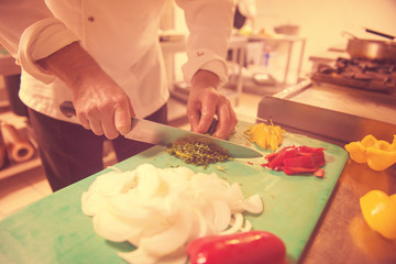 Chef hands cutting fresh and delicious vegetables