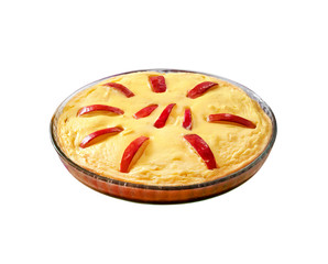 Sweet cottage cheese casserole with apples and free-range eggs isolated with clipping path