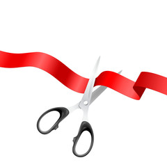 Grand Opening Background with Realistic Metal Silver Scissors and Red Ribbon Closeup Isolated on White Background. Design Template of Classic Scissors Cutting Red Ribbon Banner for Opening Ceremony